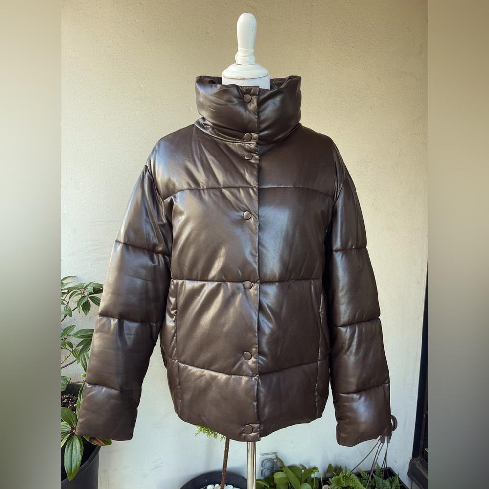 ZARA Faux Leather Puffer Jacket - Dark Brown, Size L